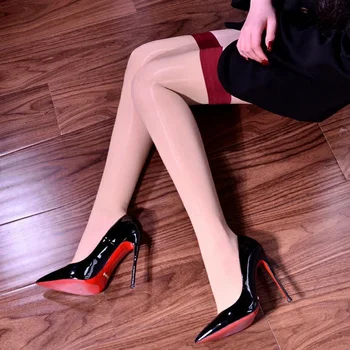 Женские противоскользящие Силиконовые чулки в стиле пэчворк контрастного цвета, топ в рубчик, Высокие бедра, женские 8D Масляные блестящие Прозрачные женские носки 25