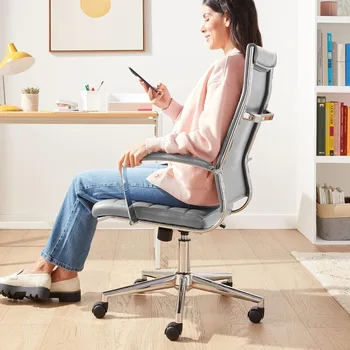 Офисное кресло с высокой спинкой, поворотным механизмом, ребристой обивкой, поясничной поддержкой, современный стиль, широкое серое 2