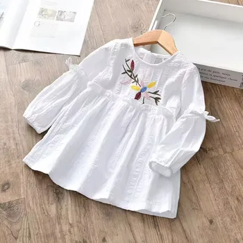 2023 Новое весенне-осеннее платье для девочек с вышивкой с длинным рукавом, корейская версия платья принцессы из чистого хлопка для маленьких девочек