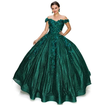Изысканное зеленое бальное платье Пышное платье с открытыми плечами V-образный вырез без рукавов Вечернее платье с аппликацией Платья с открытой спиной 23