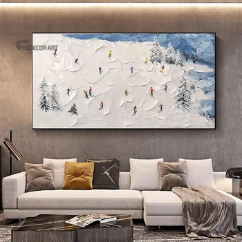 Оригинальная ручная роспись по белому снегу, катание на лыжах по заснеженной горе, абстрактная текстурная роспись на холсте, современное настенное искусство для домашнего декора 1