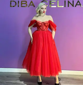 Винтажные красные вечерние платья из тюля трапециевидной формы с открытыми плечами, плиссированное вечернее платье чайной длины на молнии сзади для женщин 24