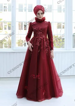 Бордовый тюль Аппликации Хиджаб Мусульманские вечерние платья С длинным рукавом Исламское вечернее платье Женщины Арабский кафтан Халат De Soiree 21