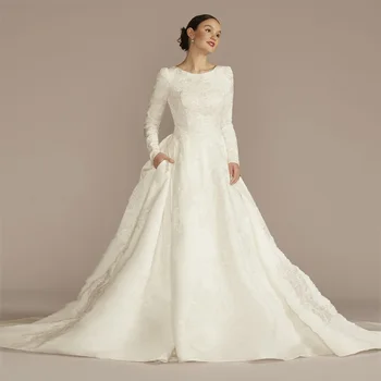 Элегантное свадебное платье Adorza с пятнами для женщин, круглый вырез, Длинные рукава, Бальные платья длиной до пола, простое платье для невесты, Vestido De Novia 25