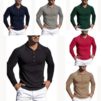 Весенне-осенняя мужская рубашка поло в полоску с длинными рукавами из эластичной ткани 2023 года, облегающая трикотажная нижняя рубашка 1