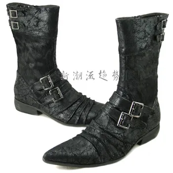 Модные черно-белые мужские ботинки Choudory больших размеров до колена, мотоциклетные ботинки, мужские зимние ботинки из натуральной кожи с пряжкой 11