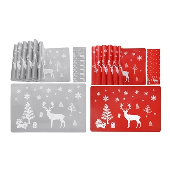 Рождественский коврик для столовых приборов, моющийся коврик для стола, набор из 6 ковриков для столовых приборов и 6 ковриков для чашек с рисунком лося, рождественской елки, снежинок 12