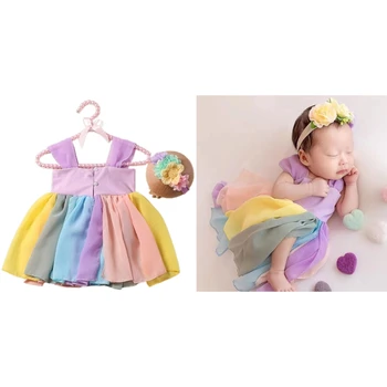 Комплект для фотосессии новорожденных, красочное платье-комбинация, цветочная повязка на голову, реквизит для фотосессии, костюм для девочки, костюм для фотосъемки младенцев, 2 шт. 17
