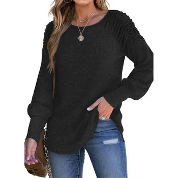 Женский повседневный плиссированный свитер с длинными рукавами и круглым вырезом, однотонный пуловер, Туники, топ 8