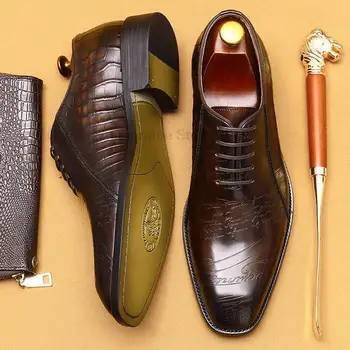 Мужские оксфорды ручной работы, мужские модельные туфли с резьбой из натуральной кожи, высококачественная Классическая деловая официальная обувь, мужские Черные коричневые 17