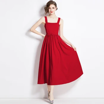 Женское новое красное платье трапециевидной формы без рукавов, Модное повседневное однотонное платье-слинг, Вечерние Красные платья, Рождественские 11