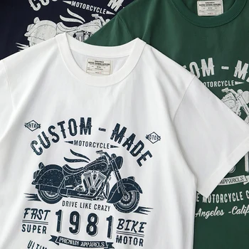 Летняя американская Ретро-тяжеловесная футболка с короткими рукавами и круглым вырезом с мотоциклетным принтом, Мужская Мода, 100% Хлопок, Повседневные Топы 9
