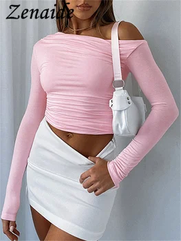 Zenaide, укороченные топы с длинным рукавом и открытыми плечами, розовые, модные, с рюшами, женские, осенние, для выхода в свет, однотонная сексуальная приталенная футболка, топ Y2K 5