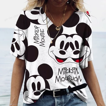 2023 Новая летняя женская футболка с принтом Disney Minnie Mickey, уличные повседневные свободные футболки, женская футболка с V-образным вырезом и мультяшным принтом 23