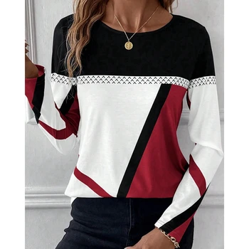 Осенний женский топ с цветными блоками и геометрическим принтом, длинный рукав, Повседневная блузка с круглым вырезом, футболки, Женская базовая футболка, Одежда нового стиля 7