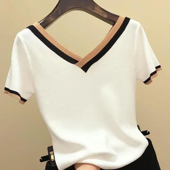 Женская трикотажная рубашка с V-образным вырезом и коротким рукавом контрастного цвета, 2023 Летние топы, Корейская одежда, Элегантные камзолы 13362 6
