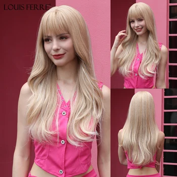 Длинный светло-русый синтетический парик LOUIS FERRE, парик натуральной волны с челкой для женщин, повседневный парик для волос из термостойкого волокна для косплея