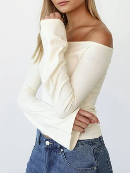 Женская повседневная футболка с открытыми плечами, базовая рубашка с расклешенными рукавами, однотонные приталенные блузки, уличная одежда, эстетичная одежда 11