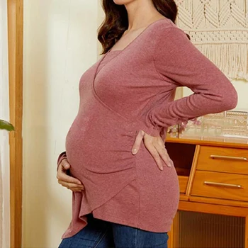 Женские топы для беременных с длинным рукавом, однотонные топы для кормления, футболка с V-образным вырезом, Модная Повседневная Мягкая Одежда для беременных, кормящих грудью   18