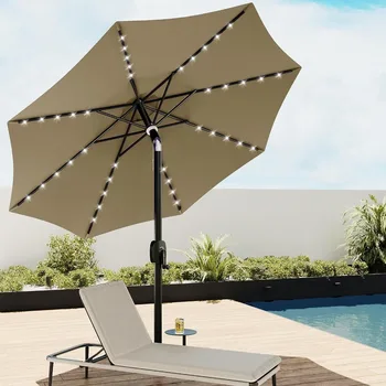Зонт для патио, 9-футовый Настольный Зонт на открытом воздухе с 40 светодиодными солнечными лампами и 8 ребрами жесткости, 1,9-дюймовый алюминиевый шест, устойчивость к выцветанию UPF 50 +