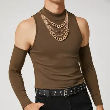 Новая мужская одежда, Однотонная Майка С открытыми плечами, Длинный рукав, Повседневная Ажурная Сексуальная футболка Оверсайз с высоким воротом для мужчин 18