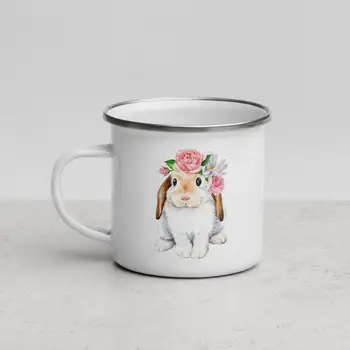 Эмалированная кружка с цветочным кроликом, милая чашка для молока с Пасхальным кроликом, подарок на День рождения для девочек, офисная кофейная кружка 21