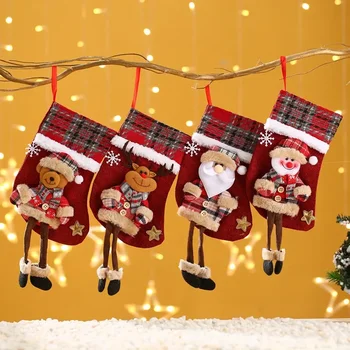 Рождественские украшения Чулки Санта Клауса, Клетчатые куклы, Льняные чулки, Подвеска в виде Рождественской елки, Рождественский подарочный пакет 2
