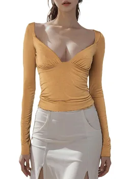 Женская футболка DeuYeng с длинным рукавом, топы, весенние укороченные топы, однотонная короткая укороченная футболка с глубоким вырезом, осенняя блузка 19