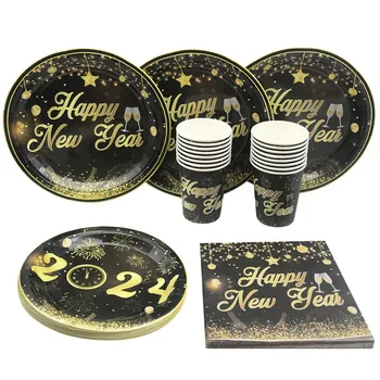 2024 Счастливого Нового Года Одноразовая посуда Бумажные Тарелки Чашки Салфетки Счастливого Рождества Столовая посуда в канун Нового Года Товары для дома 7