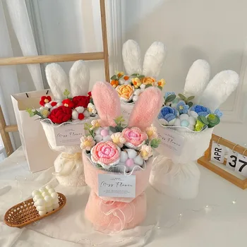 Букет цветов из кроличьей вязки, однотонная ткань, обернутая букетом в форме кроличьих ушей, с легкой нитью, упакованный в цветочный букет 8