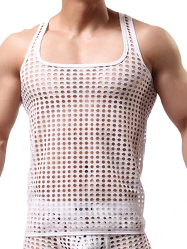 Стильные Мужские майки LOSIBUDSA в сеточку, без рукавов, с V-образным вырезом, облегающие прозрачные футболки для мышц 21