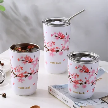 Термокружка Cherry Blossom из нержавеющей стали с крышкой, с двойными стенками, для кофе, Герметичная чашка для воды, для путешествий, для кемпинга, Стакан для чая, посуда для напитков 24