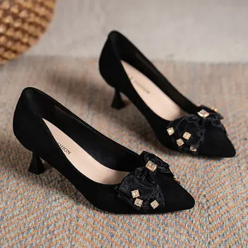 Женская обувь, весна 2023, Новая мода, пикантные повседневные Элегантные женские туфли на высоком каблуке-шпильке с декоративным бантом на высоком каблуке