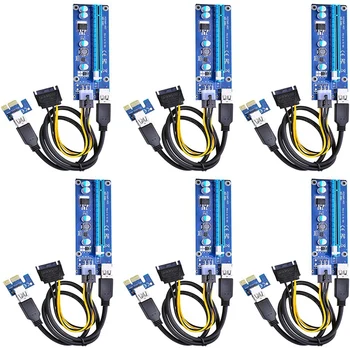 Комплект из 6 6-контактных Карт Pcie PCI-E Express от 1X до 16X Riser Card С 6-контактным кабелем питания PCI-E до 15-контактного кабеля SATA и 60-сантиметровым кабелем USB 3.0 3