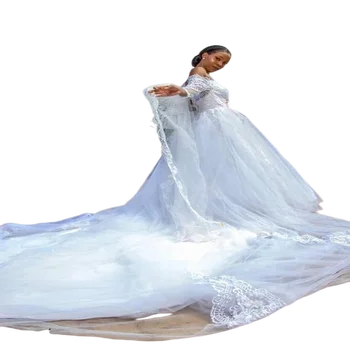 Современное свадебное платье с открытыми плечами и длинными рукавами, шлейф в соборе, сад, винтажное свадебное платье Vestido de Noiva 25