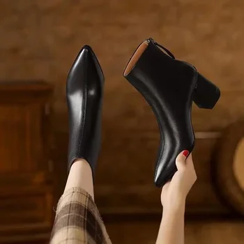 Короткие ботильоны на высоком каблуке с острым носком, женская повседневная осенне-зимняя обувь, размер 35-40, простой квадратный каблук, базовый стиль 3