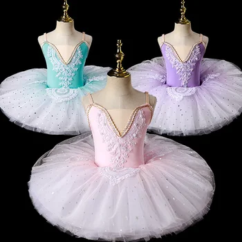 2023 Новый костюм Феи-Балерины для выпускного вечера, Детское Голубое платье в цветочек с блестками, Танцевальная одежда для девочек, Гимнастическое Балетное платье-пачка 4