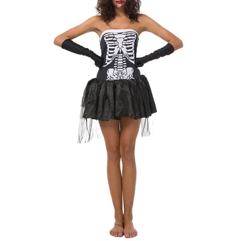 Женские костюмы для косплея на Хэллоуин с принтом черепа, Тюлевое платье-труба трапециевидной формы, шляпа, заколка для волос, Длинные перчатки 8