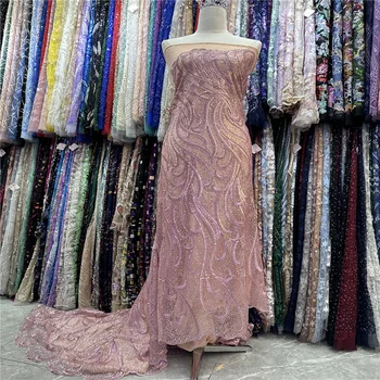 Высококачественная 2023 Африканская Нигерийская кружевная ткань с блестками, тюль, Французская вышивка Для свадебного платья, 5 ярдов кружевного шитья RF12107 25