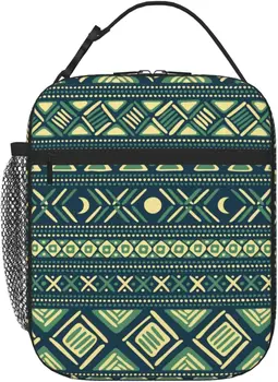 Утепленная сумка для ланча с племенной зеленой текстурой, Многоразовая Герметичная сумка-холодильник с боковыми карманами для работы, путешествий, пикника 9