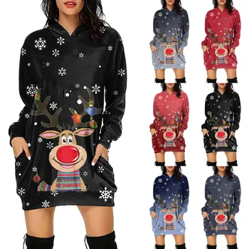 Платье с капюшоном на Рождество Санта Женский Длинный Повседневный пуловер с длинным рукавом, толстовка с рождественским принтом, платье с капюшоном и карманами, легкий топ 15