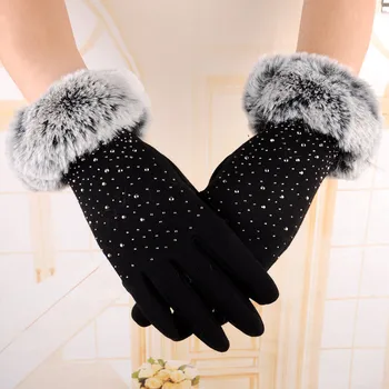 Женские зимние перчатки из искусственной кожи кролика, варежки с сенсорным экраном, женские теплые перчатки для вождения на открытом воздухе 13