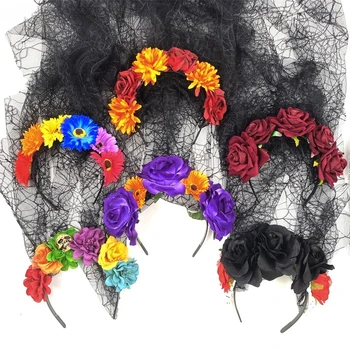 Повязки для волос с цветами на Хэллоуин, темно-готические Красочные искусственные Цветы, черная сетчатая вуаль, обруч для волос, аксессуары для волос для девочек 24