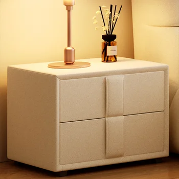 Современная простая прикроватная тумбочка для маленькой квартиры, мягкий шкаф для хранения в спальне кремового цвета, шкаф для хранения из массива дерева небольшого размера 1