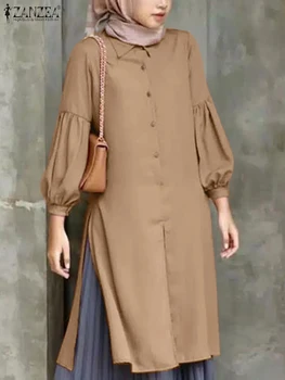 ZANZEA Женская Осенняя блузка с отворотом и пышными рукавами, Повседневные мусульманские топы с разрезом по низу, Хиджаб, исламская одежда, Модная однотонная Длинная рубашка 15