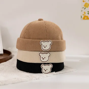 Новая детская шапочка с милым медведем, вельветовая детская шапка из кожи дыни, корейская повседневная теплая детская кепка Домовладельца. 10