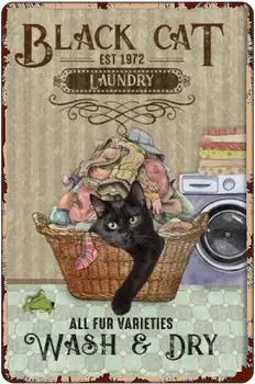 Черная кошка Стирает и сушит белье, Винтажная металлическая жестяная вывеска, украшение для вывески 8x12 дюймов, использование в помещении/на открытом воздухе 7