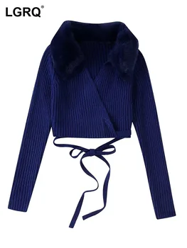 LGRQ 2024 Зимний модный Короткий вязаный пуловер с оригинальным меховым воротником, Женский высококачественный уличный модный свитер 19Z1242 1