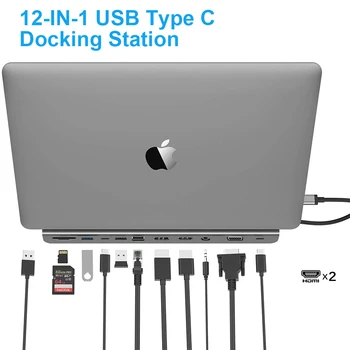 USB C Концентратор MST Док Станция с Тройным Монитором Расширенный Дисплей с Двумя HDMI VGA RJ45 Ethernet SD TF PD Aux для MacBook Surface 13