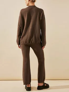 Женский вязаный комплект для отдыха из 2 предметов, свитер оверсайз, пуловер, топ, расклешенные брюки, облегающий комплект в тон. 13